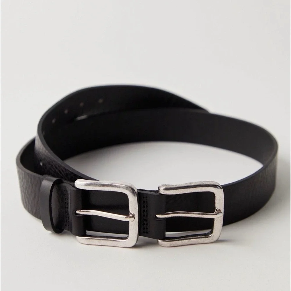 Free People Sabo Double Buckle Belt silver black leather small medium new nwt